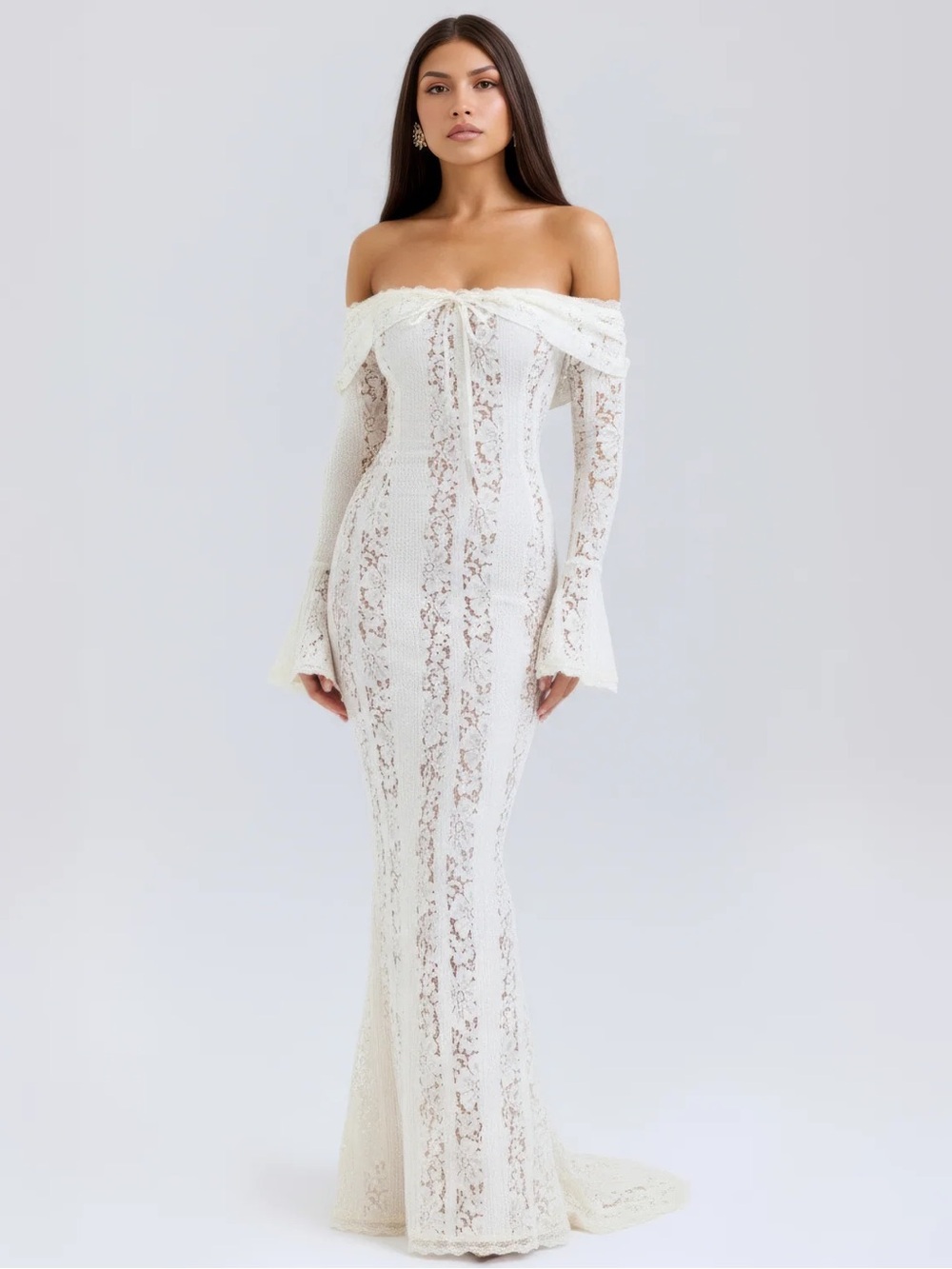 Off-the-Shoulder White Lace Maxi Dress - Elegant Mermaid Silhouette